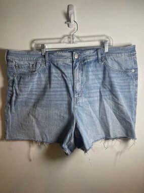 torrid Light Wash Denim High-Rise Cutoff Shorts with Paint Speckle Size: 24